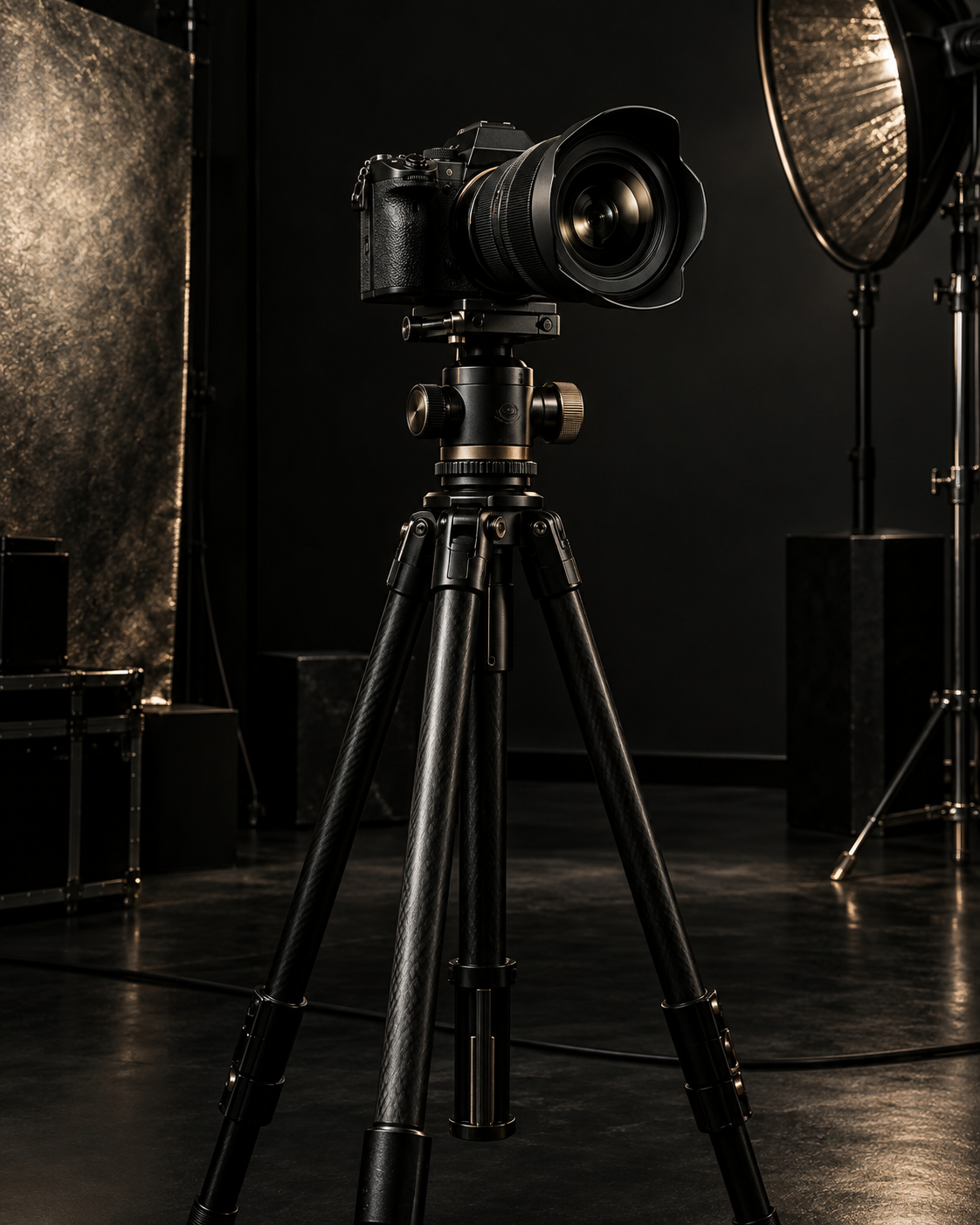 Editorial view of a professional camera in a dark production studio